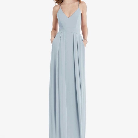 Light Blue (Mist) Bridesmaid Dress A-Line Pleated Maxi Dress with Pockets - Picture 1 of 2